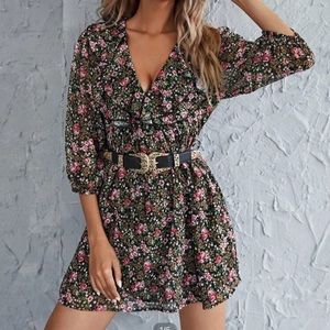 Floral Ruffle Trim Bishop Sleeve Dress